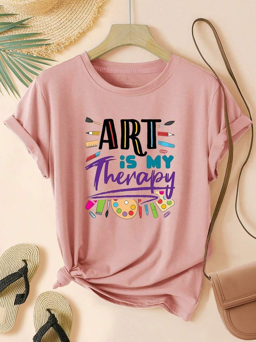 Women's Back-To-School T-Shirt, Colorful Brushstroke Series, Round Neck, Casual And Modern Style, Short-Sleeved Sports T-Shirt, Multiple Colors Available, Sizes From S To XXL - 羅莎 - 查看 1