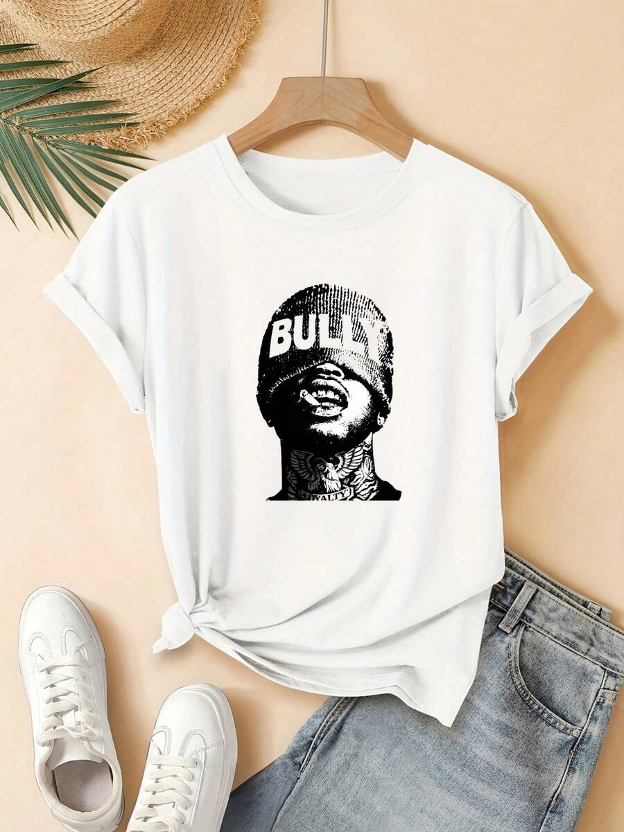 Women's Regular Fit Short-Sleeve T-Shirt - Street Style Print With A 2D Geometric Graphic Featuring A Figure Wearing A Hat And The Word "BULLY" Printed On It, Plus A Tattoo Pattern On The Neck. Casual Short-Sleeve Crew Neck T-Shirt, Suitable For All Seasons - High Quality - 白色 - 查看 1