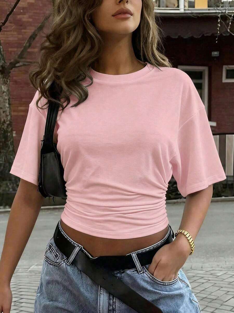 Y2K Style, Modern Style, Newest 2026, Cute Style, Casual Style, Women's Blouses > Clothing. New Stylish And Fashionable Solid Color T-Shirt, Casual, Versatile, With A Gathered Waist, Suitable For Daily Wear, School, Beach, Vacation, And Summer Home Wear, 180g (Sizes S-XXXL). - 杏桃粉 - 查看 1