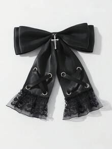 1 chiếc kẹp tóc thời trang nữ phong cách Punk Gothic nơ viền ren - màu đen - Xem 2