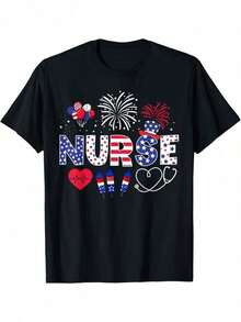 Nurse T-Shirt With Flag And Star Design, Unisex, Loose Fit, Casual Shirt For 4th Of July, Christmas, Veterans Day, Graduation Gifts For Nurses And Healthcare Workers, Year-Round Wear - 黑色 - 查看 6