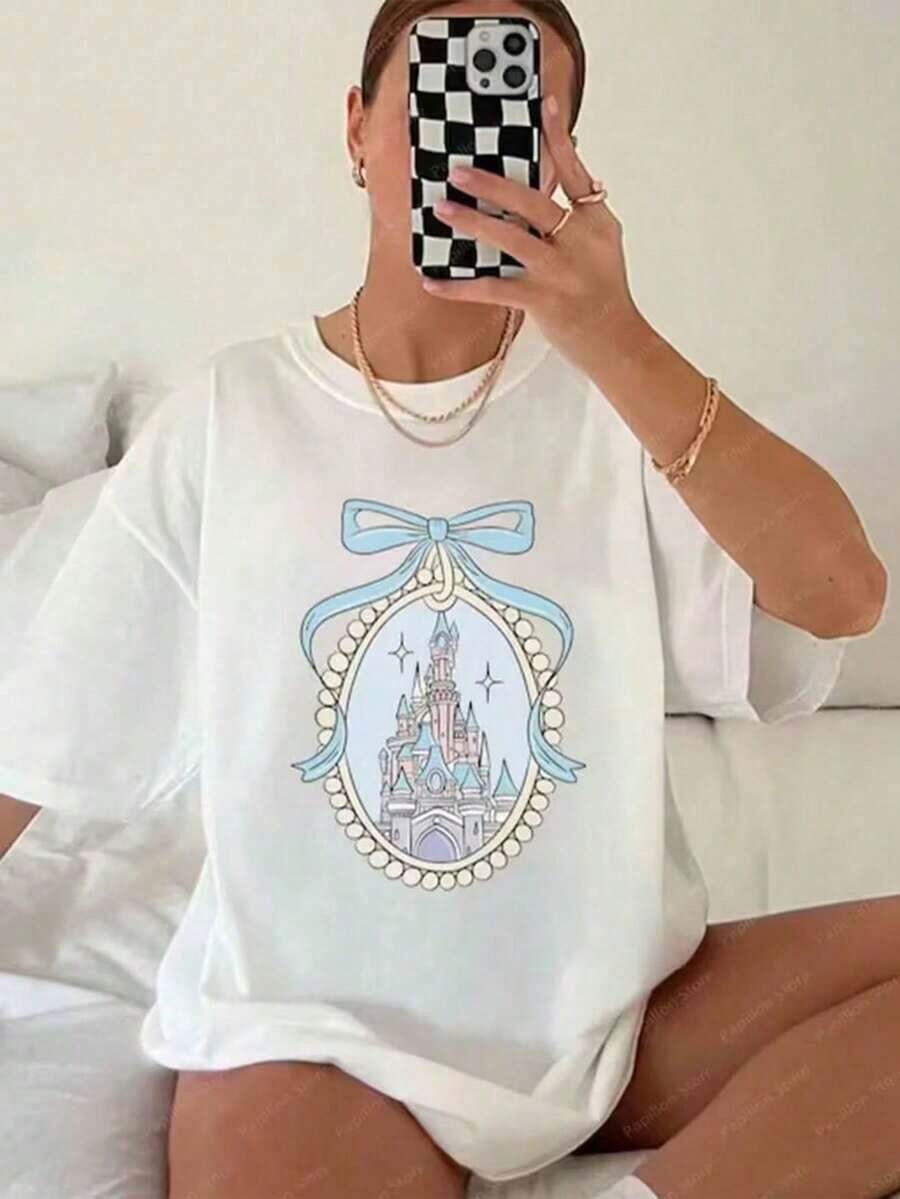 Comfortable, Heavyweight 100% Cotton T-Shirt From Color Main Castle. | Magic Kingdom Retro T-Shirts, Family Vacation, Printed, All Seasons, Regular Fit, Best Seller - 白色 - 查看 1