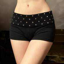 Womens Summer Knit Booty Shorts Casual Stylish Pyramid Studded Low Rise Shorts for Rave Dance Clubwear - Negro - Ver 4