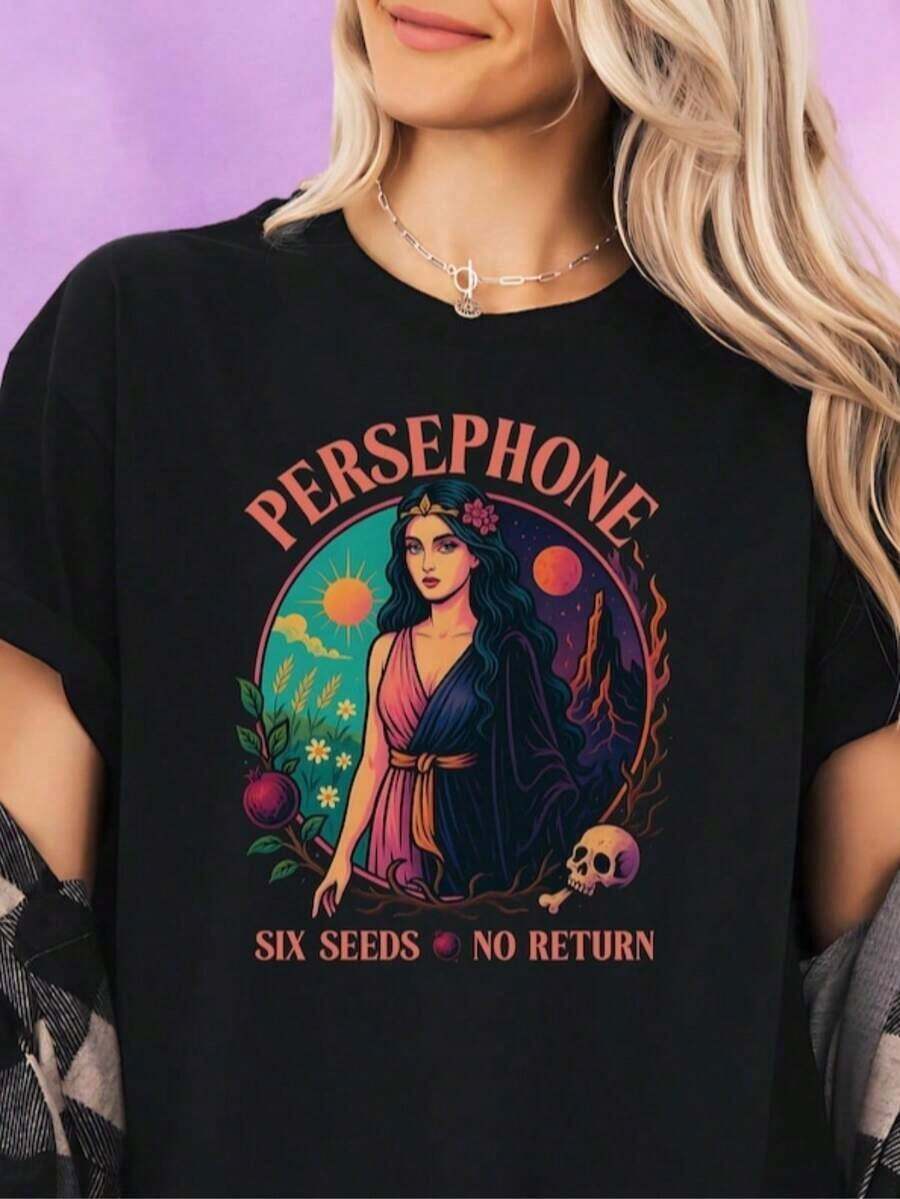 1 Piece Persephone T-Shirt Greek Mythology T-Shirt Persephone And Hades T-Shirt Poet T-Shirt Dark Academia Style 180g 100% Cotton - 黑色 10 - 查看 1