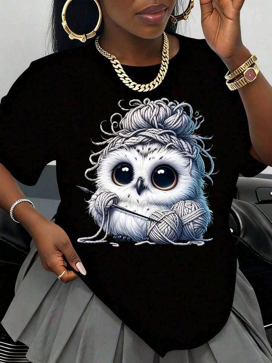 Cute Owl Knit Top, White Owl With Yarn And Knitting Needles, For Casual Wear. Women's Blouses. - 黑色 - 查看 1