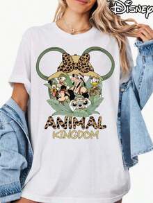 Officially Authorized Disney And Disney Animal Kingdom Leopard Print Minnie Mouse Pattern T-Shirt For Women's Casual Short Sleeved Top, Printed Casual Short Sleeved Top, Women's Casual Oversized Top, Women's Casual Loose Top, Summer Streetwear, Birthday Gift Shirt, Amusement Park Home Matching Shirt, Text Shirt, Retro Style Amusement Park Travel Shirt, Family Vacation Shirt, Casual Loose T-Shirt. Soft And Breathable Fabric Is Suitable For Themed Activities, Made Of Soft, Comfortable, And Durable Materials. Spring And Summer Women's Round Neck T-Shirt Is Perfect For Going Out/Daily Wear/Summer, Shopping, Parties, Traveling, And Gatherings. It Is Also An Exquisite Classic Sportswear And Women's Summer Outfit, With A White Top - White - View 1