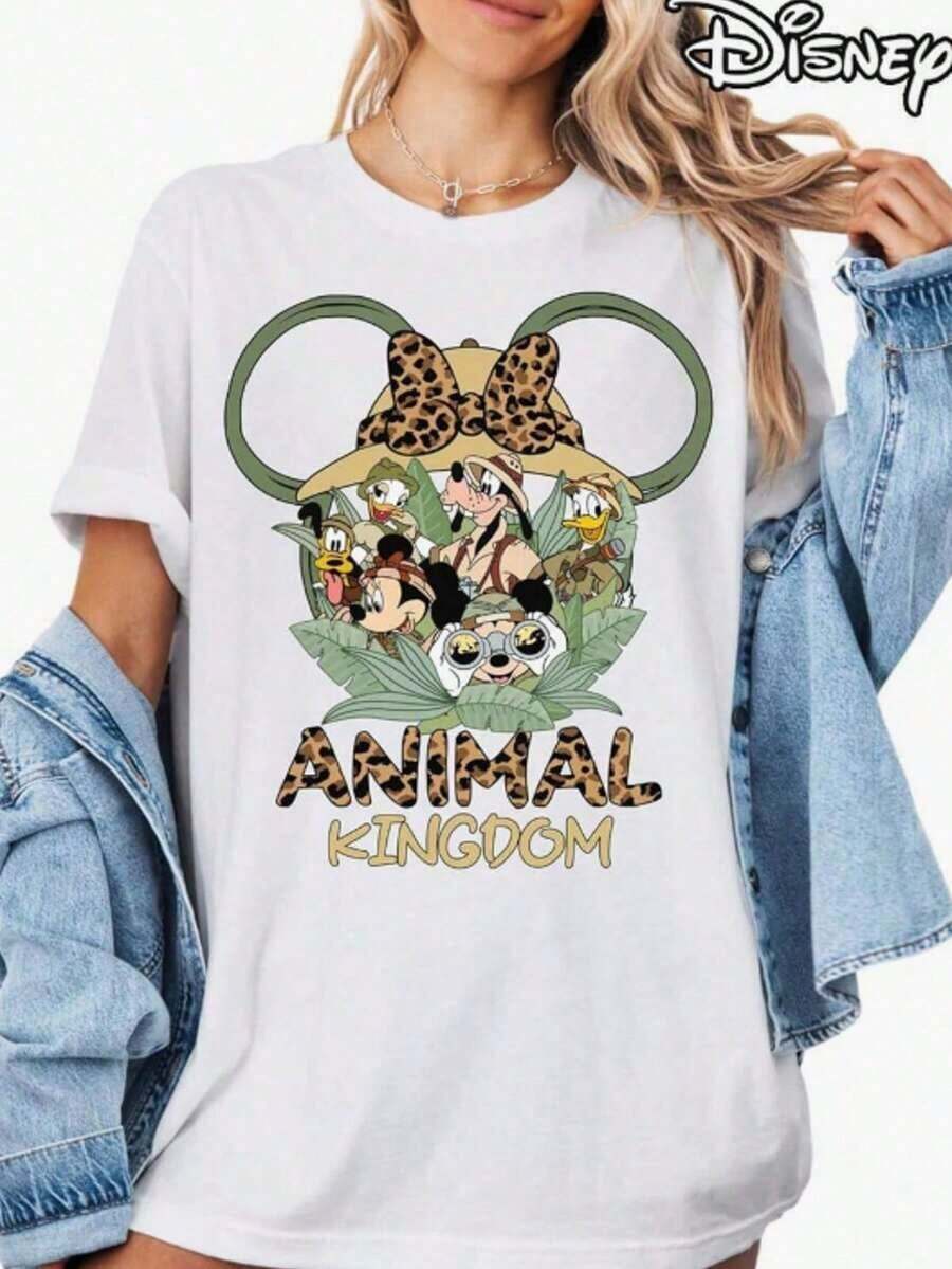 Officially Authorized Disney And Disney Animal Kingdom Leopard Print Minnie Mouse Pattern T-Shirt For Women's Casual Short Sleeved Top, Printed Casual Short Sleeved Top, Women's Casual Oversized Top, Women's Casual Loose Top, Summer Streetwear, Birthday Gift Shirt, Amusement Park Home Matching Shirt, Text Shirt, Retro Style Amusement Park Travel Shirt, Family Vacation Shirt, Casual Loose T-Shirt. Soft And Breathable Fabric Is Suitable For Themed Activities, Made Of Soft, Comfortable, And Durable Materials. Spring And Summer Women's Round Neck T-Shirt Is Perfect For Going Out/Daily Wear/Summer, Shopping, Parties, Traveling, And Gatherings. It Is Also An Exquisite Classic Sportswear And Women's Summer Outfit, With A White Top - White - View 1
