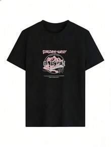 Pink Mountain T-Shirt With "GOLDEN WEST" Text,  Short-Sleeved T-Shirt For Spring And Summer 2026, Made In Mexico, 180 Grams. Cartoon Print, Couple Design, Suitable For Indoor Or Outdoor Wear. Crew Neck, Unisex, Ideal For Office And Leisure. One-Pack. - BK-P631577SLNDXZGY646 - 查看 3