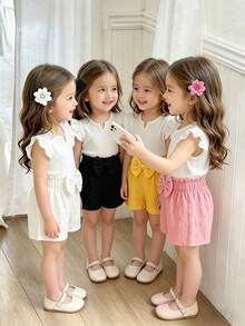 Set de 4 pantalones cortos tipo bombacho con decoración de moño en unicolor para bebés niñas, adecuado para salidas diarias en verano - Multicolor - Ver 4
