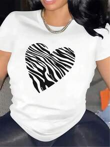 Short-Sleeved T-Shirt With A Zebra Heart Print, Made Of Durable, Lightweight, And Comfortable Polyester Fiber, Suitable For Casual Wear At Home, In Restaurants, Or For Outdoor Occasions. Elegant Party Outfit, Stylish Ladies' T-Shirt, Blouses Suitable For Curvy Women, Prom Skirts, Casual Wear. Adorable Animal Print, Fun Letter Print, Versatile Enough To Match Streetwear. - 白色 - 查看 7