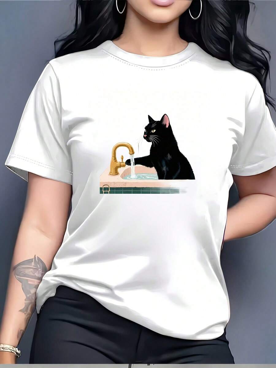 Camiseta de Cuello Redondo con Estampado de Gato y Grifo, Regalo para Amantes de los Animales, Diversión Familiar, Camiseta Estampada para Mujer, Top Casual de Verano, para Fiestas de Pascua, 180G, Blusas Casuales de Alta Calidad y Cómodas para Mujer - Blanco - Ver 1