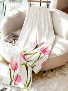 Pantalones anchos de mujer con estampado floral de color albaricoque, diseño suelto con bolsillos, elegante y de alta calidad, adecuado para el trabajo, uso casual, viajes, playa, jardín, fotografía, atuendo de verano, vuelta al colegio, esencial - Multicolor - Ver 4