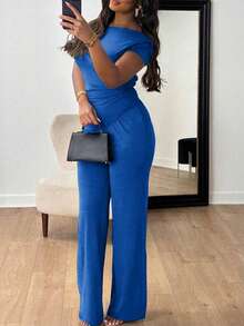 New Women's Summer Outfit, Minimalist And Elegant Style, Short Sleeves, Long Pants, Flattering Design, Cool, Versatile, Perfect For Office, Daytime Looks, Walks And Everyday Wear - 寶藍色 - 查看 4