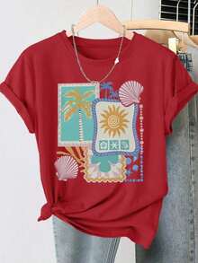 Camiseta Casual de Verano para MujerInformaldeVeranoparaMujer2026Primavera/VeranoNuevaCamisetadeMangaCortaconCuelloRedondoparaMujerconEstampadoTropicaldePalmeras,Sol,ConchasyEstrellasdeMar,EstiloVintageDesgastado,SuperiorInformalRopadeMujerSuaveydeAltaCalidad |     Diseño Divertido y Original |     Adecuado, Ropa para el 4 de julio para mujeres, Día del Partido de la Copa Mundial, Top suave y ligero, Fácil de combinar con todos los conjuntos. - Rojo - Ver 1