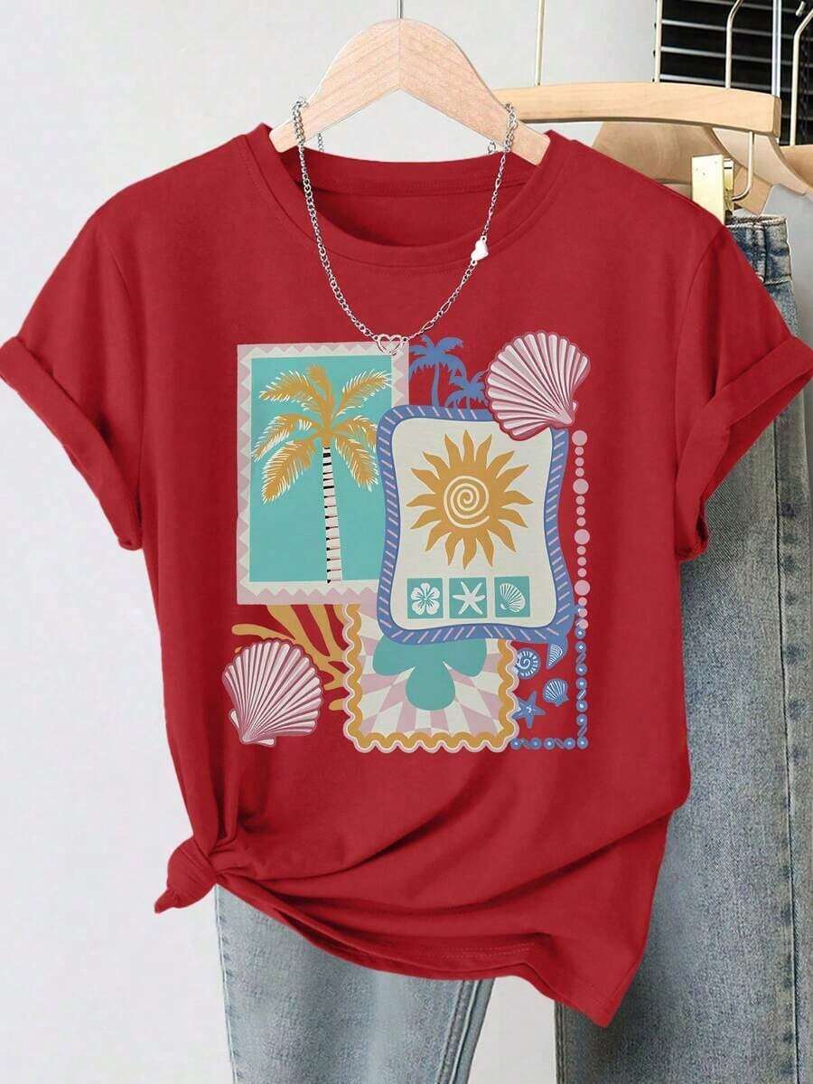Camiseta Casual de Verano para MujerInformaldeVeranoparaMujer2026Primavera/VeranoNuevaCamisetadeMangaCortaconCuelloRedondoparaMujerconEstampadoTropicaldePalmeras,Sol,ConchasyEstrellasdeMar,EstiloVintageDesgastado,SuperiorInformalRopadeMujerSuaveydeAltaCalidad | Diseño Divertido y Original | Adecuado, Ropa para el 4 de julio para mujeres, Día del Partido de la Copa Mundial, Top suave y ligero, Fácil de combinar con todos los conjuntos. - Rojo - Ver 1