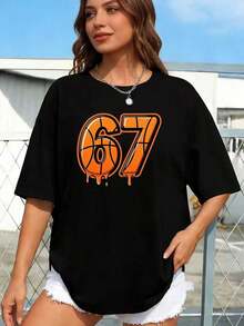Women's Dripping Basketball Graphic Print T-Shirt Number 67, Sports Fan T-Shirt, Soft Pure Cotton, Casual Style For Game Day Or Everyday Wear, Unique Gift For Women. - 黑色 - 查看 1