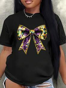 Camiseta de manga corta de poliéster, decorada con coloridos patrones de lazos en mosaico, ligera y duradera, adecuada para uso casual en casa o en restaurantes, cómoda y ajustada para el uso diario.blusa casual mujer - Negro - Ver 1