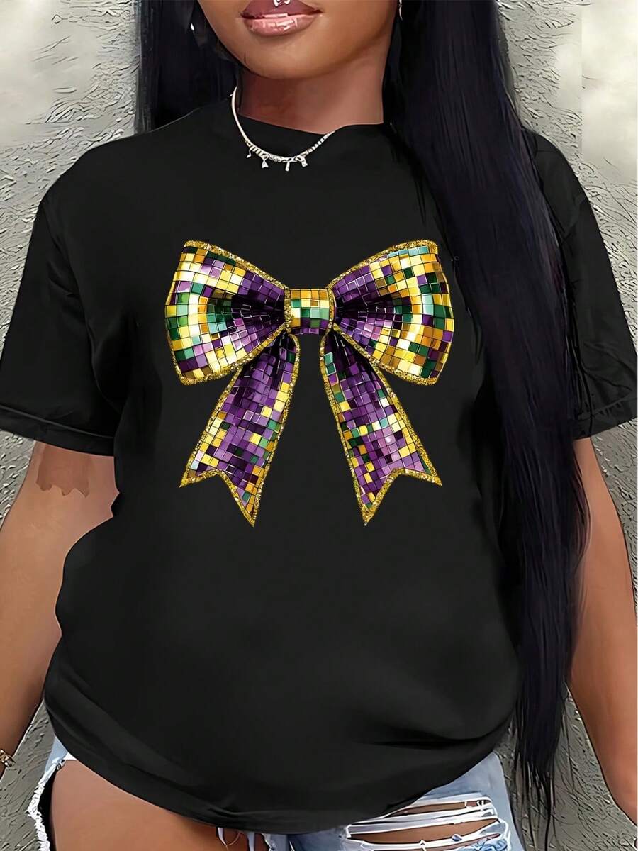 Camiseta de manga corta de poliéster, decorada con coloridos patrones de lazos en mosaico, ligera y duradera, adecuada para uso casual en casa o en restaurantes, cómoda y ajustada para el uso diario.blusa casual mujer - Negro - Ver 1