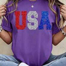 100%CottonGlitter Usa Patriotic T Shirt Red White And Blue Sparkle Print For Independence Day Celebration Party WearBreathable Cotton Tee, All Match - 紫色 - 查看 8