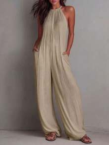 White Wide-Leg Jumpsuit With Pleats And Open Back, Perfect For A Holiday Look. - Khaki - View 3