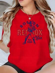 1 Piece Of Red Sox Baseball Graphic Print T-Shirt, 220g, For Sports Fans, Casual Crew Neck T-Shirt For Women, Everyday Wear, Soft And Comfortable, 100% Cotton - Urban Vintage Style, Unisex, Loose Fit, Short Sleeve, Crew Neck, 100% Cotton. - 紅色 - 查看 7