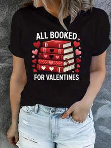 Camiseta Deportiva Casual para Mujer con Diseño Colorido de Pilas de Libros Decoradas con Corazones - Camiseta Negra Elástica de Cuello Redondo, Lavable aáquina, Ajuste Cómodo para Todas las Estaciones. - Negro - Ver 6