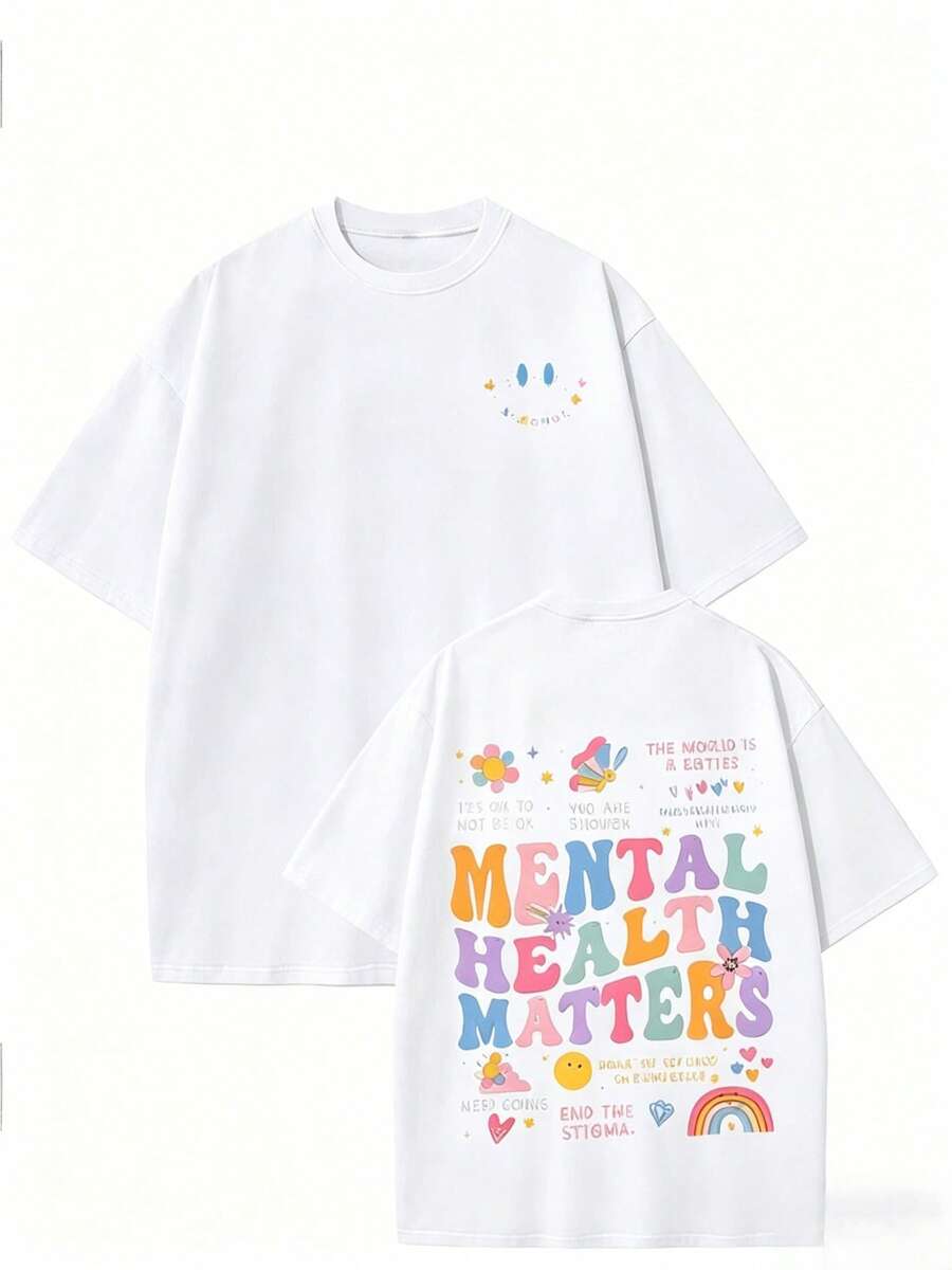 Camiseta Casual Holgada para Mujer con Estampado "La Salud Mental Importa", Transpirable y Cómoda, de Manga Corta y Cuello Redondo, Color Negro Lavado Vintage con Frases Inspiradoras y Estampado de Arcoíris, Algodón Suave, Perfecta para Uso Diario y Estilo Urbano Retro. - Blanco - Ver 1
