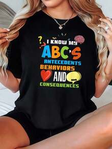 Camiseta de Mujer Casual con Cuello Redondo, Opciones en Blanco y Negro, Estampado Gráfico 'ABCs Antecedentes Comportamientos Consecuencias', Camisetas para Uso Diario, Tops de Verano, Camisetas Gráficas, Conjuntos de Verano, Camisetas Cortas para Mujer, Tops Vintage de Algodón, Ropa Linda para Mujer, Playera Holgada para Mujer - Negro - Ver 7