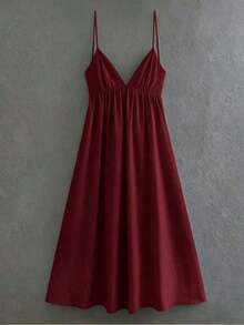 Women's Striped Dress With Thin Straps And Open Back - Burgundy - View 4
