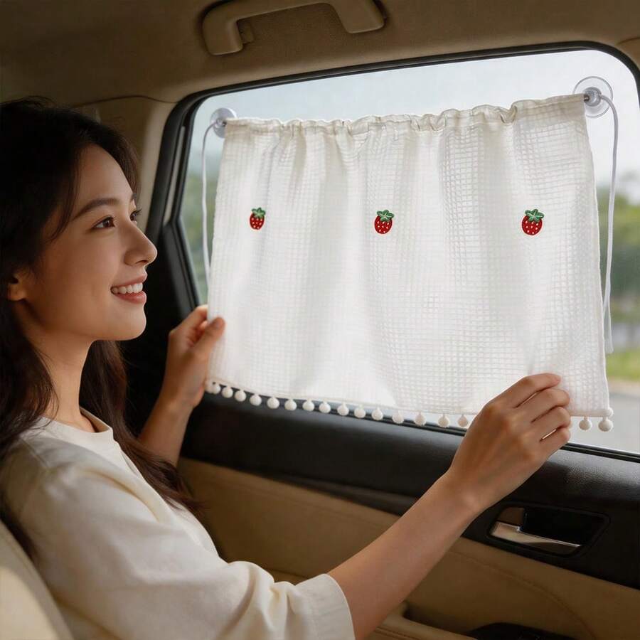 1件装草莓格纹华夫格图案汽车侧窗遮阳帘 - A - 查看 1