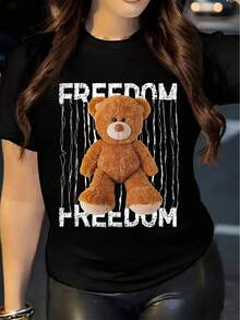 Camiseta de Talla para Mujer con Estampado de Oso de Peluche - Top Suave para Uso Diario con Diseño de Cadena Atractivo, Regalo Casual de Cumpleaños - Camiseta de Manga Corta con Cuello Redondo Lavable aáquina - Camiseta Vintage de Estilo Urbano Unisex de Algodón Suelto con Cuello Redondo y Manga Corta - Negro - Ver 7