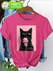 Camiseta de Mujer, Camiseta 100% Negra con Estampado de Gato y Helado, Camiseta Casual de Manga Corta con Cuello Redondo, Top con Gráfico de Animal Bonito para Uso Diario en Verano, Camisetas para Salir para Mujer - Negro - Ver 7