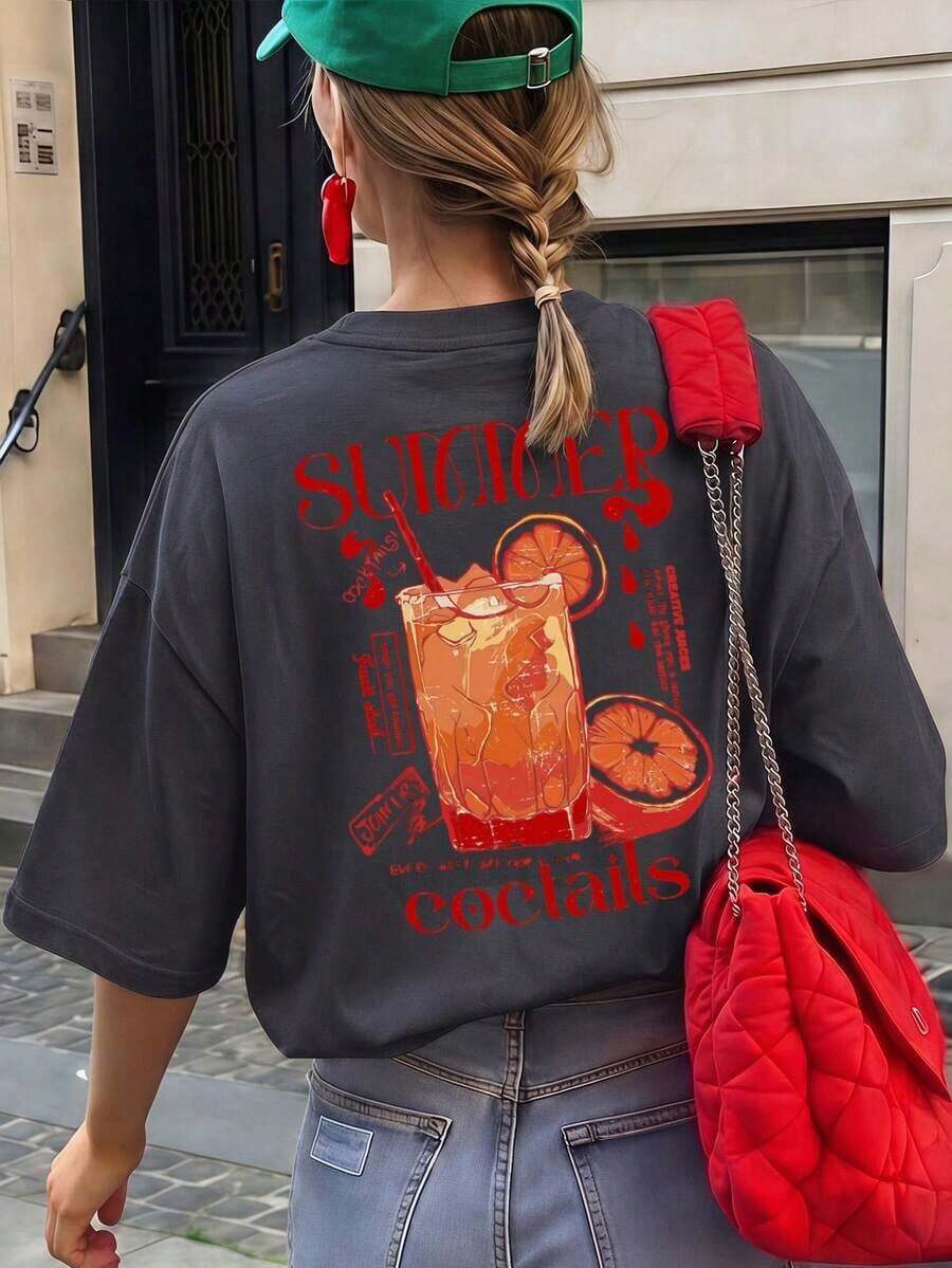 Camiseta de mujer estampada de manga corta para verano, tela de poliéster, estilo multifuncional, corte regular, peso 180 gramos, 1 unidad. - Gris Oscuro - Ver 1
