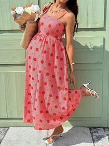 Vestido de tirantes con estampado floral y rayas para embarazadas de vacaciones - Negro - Ver 4
