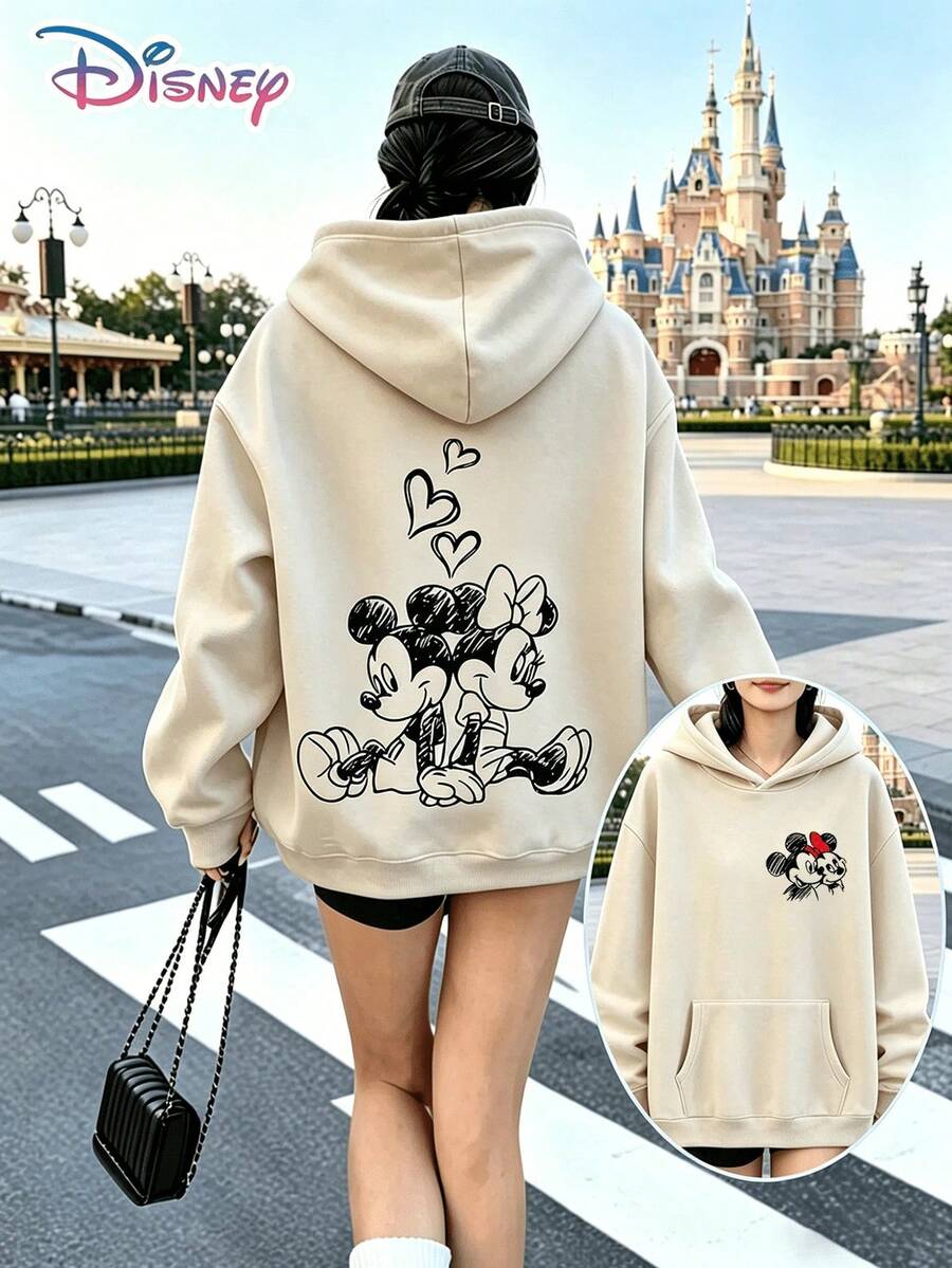 Disney Y2K Style Printed Sweatshirt, Retro Mickey And Minnie Heart Pattern Hooded Top, Off-White Soft Color, Perfect For A Holiday Gift. (Women's Autumn/Winter Clothing/Elegant Women's Outfits/Patterned Hoodies/Printed Tops/Casual Outfits For Women/Women Trending Now/Holiday Co-Ord/Plus Size Friendly) - 杏色 - 查看 1