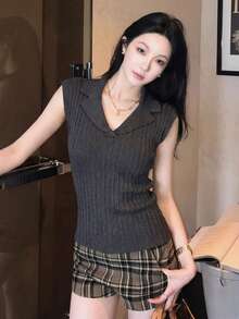 Áo thun nữ mùa hè dáng ôm, cổ chữ V, chất liệu dệt kim gân, không tay, kiểu dáng thường ngày, màu xám đậm. - Màu xám đen - Xem 6