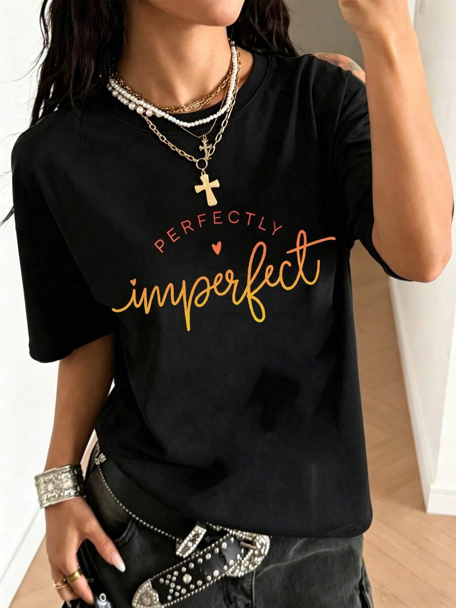 Camiseta de moda femenina de verano de manga corta camiseta de moda casual al aire libre 'letra' estampada camiseta casual femenina suelta - Negro - Ver 1