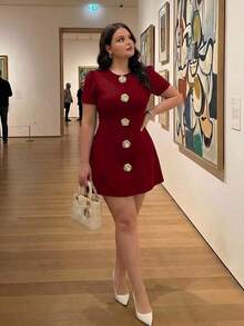 MOD Vestido negro vintage glamoroso de talla grande para mujer con acentos de rosa metálico - perfecto para estética, look preppy, citas, fiestas, vacaciones, meriendas, cumpleaños, uso en la oficina y para ir y venir, con aire de dinero antiguo.Primavera/Verano - Burdeos - Ver 6