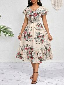 xheSHEIN Lady Vestido elegante de longitud media con cintura ceñida y estampado floral casual para mujer, veranoxhe - Albaricoque - Ver 3