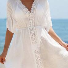 Women's V-Neck Lace Splice Solid Color Beach Cover-Up Dress Summer - Naranja - Ver 5