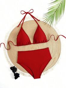 Conjunto de bikini de triángulo con taza sólida y ajustable de cintura alta sexy, para vacaciones de verano en la playa, color negro - Rojo - Ver 8