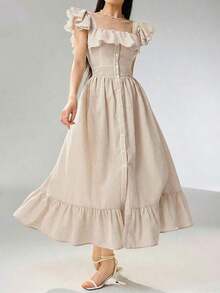 Vestido con cuello con volantes, abotonado, elegante y romántico para mujer - Caqui - Ver 6