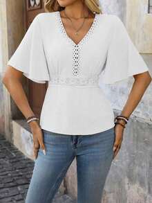 LUNE Blusa de encaje y parches para la cintura, ideal para vacaciones - Blanco - Ver 5