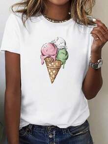 Women's Soft Cotton Summer Casual T-Shirt, Blue, With Animal Print, Comfortable Fit, Short Sleeve And Round Neck. - 白色 - 查看 1