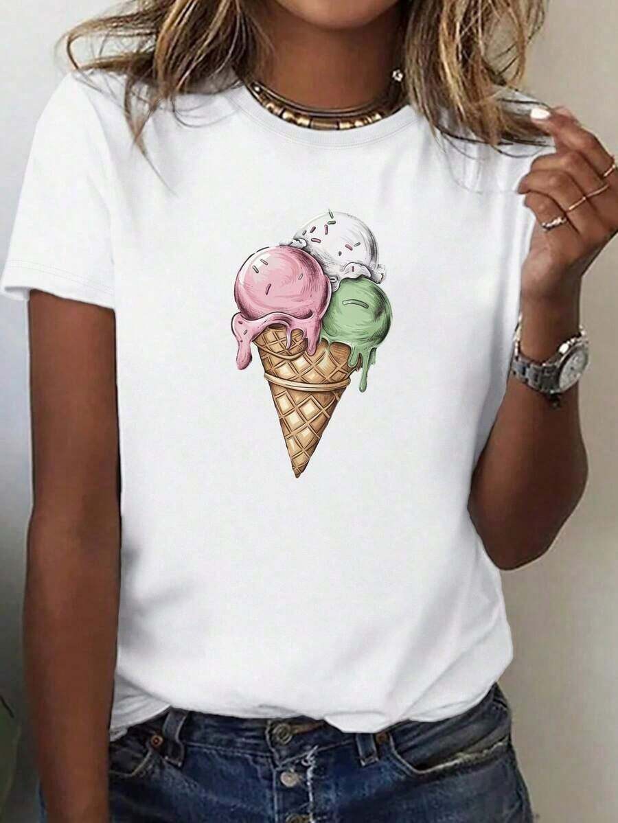 Women's Soft Cotton Summer Casual T-Shirt, Blue, With Animal Print, Comfortable Fit, Short Sleeve And Round Neck. - 白色 - 查看 1