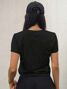 Camiseta de manga corta de ajuste slim con cuello redondo para mujer, para el verano - Negro - Ver 2