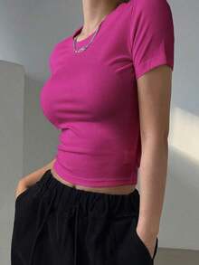 Camiseta Casual De Manga Corta Con Cuello Redondo Y unicolor Para Mujer En Verano - Rosa Fucsia - Ver 6