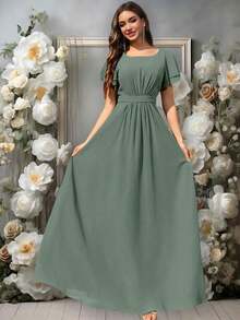 Vestido de dama de honor de gasa con volantes y mangas cortas con volantes, cuello de barco, estilo elegante para boda, color eucalipto - eucalipto - Ver 4