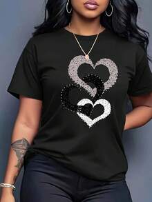Camiseta de Verano para Mujer con Estampado de Corazones, Cuello Redondo y Manga Corta, Estilo Deportivo y Moderno para Todas las Temporadas - Negro - Ver 10