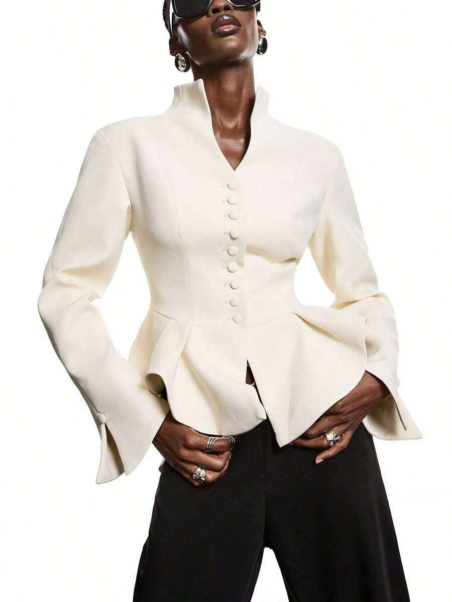 2026 Nueva Moda Minimalista Primavera/Verano Elegante Blazer Ajustado de Cintura Caqui para Mujer, Camisa de Negocios para Damas, Adecuado para el Trabajo, Se Puede Usar como Blazer, Blusa, Uniforme de Trabajo/Casual de Negocios/Atuendo de Oficina - Albaricoque - Ver 1